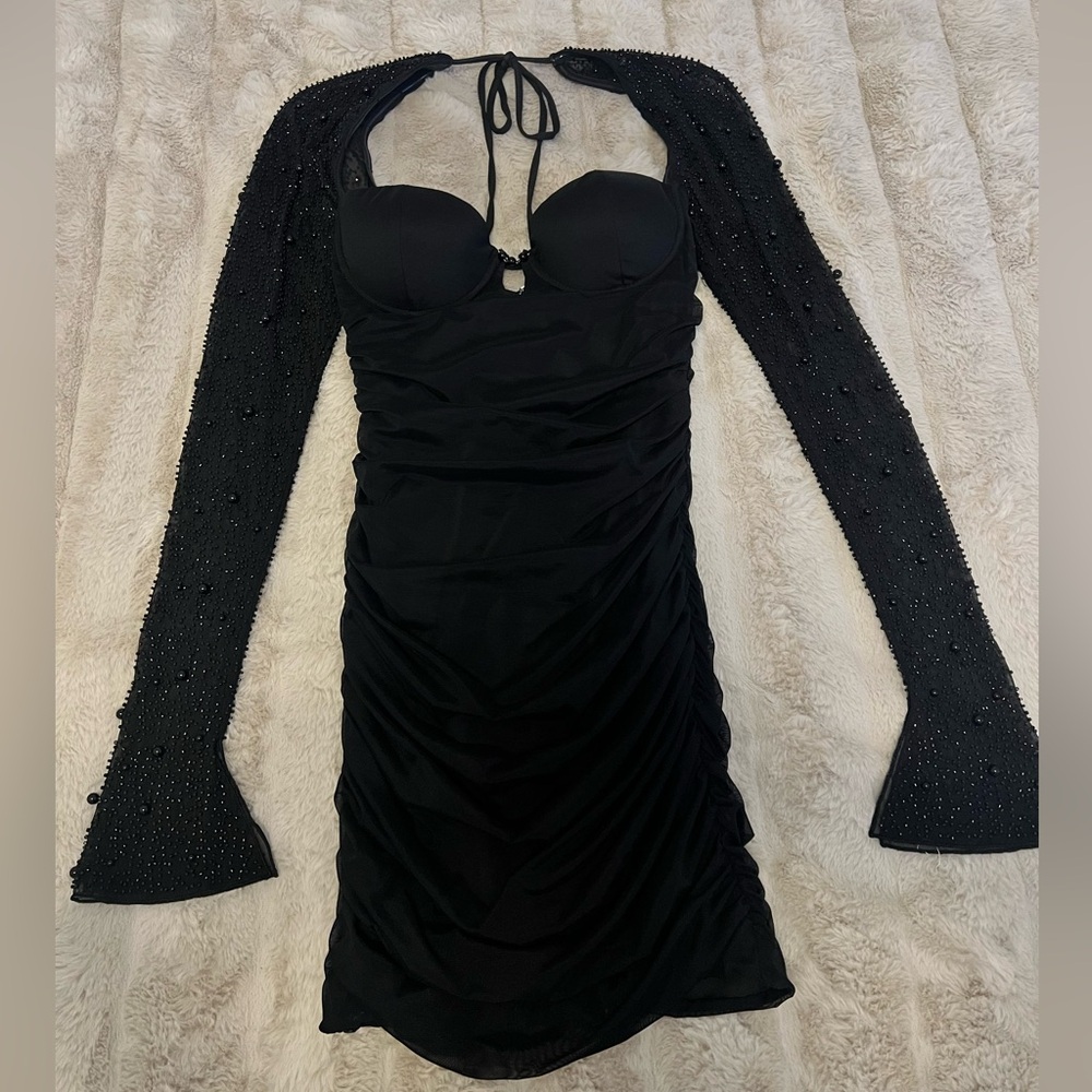 Embellished long sleeve mini dress